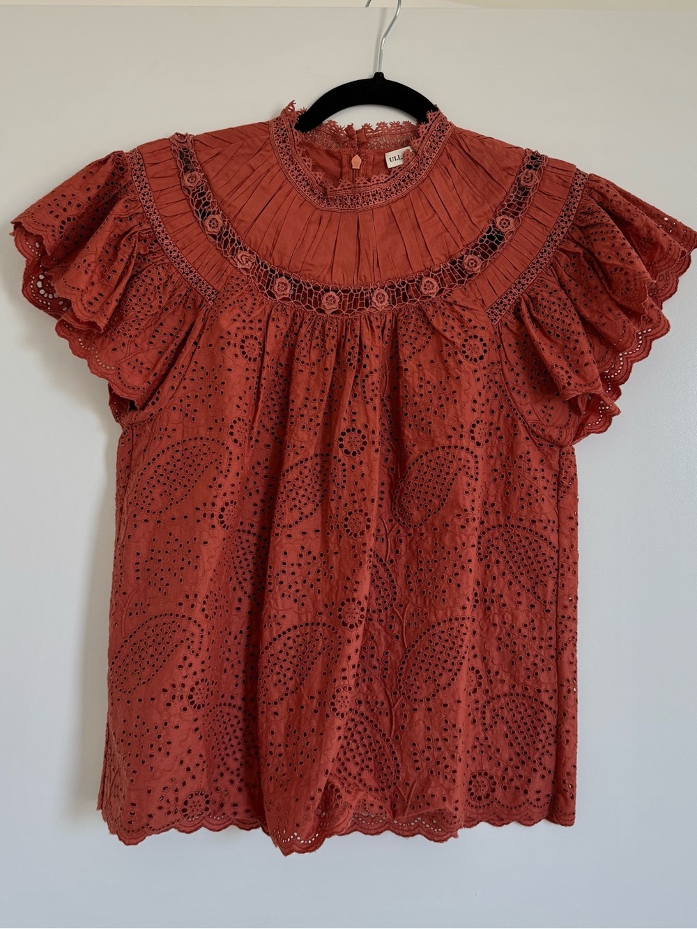 Ulla Johnson Eyelet Ruffle Sleeve Top in Rust